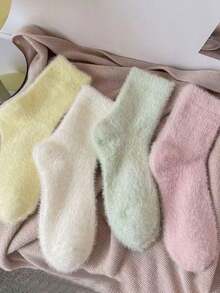 4 Pairs Solid Color Mink Plush Thick Warm Mid-Calf Socks For Women, Japanese Style Fluffy Socks For Autumn/Winter