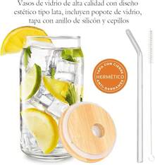 SELECTSHOP Set De 4 Vaso Tipo Lata De Vidrio Con Tapas Popotes De Vidrio Y Cepillo De Limpieza Vasos para Cerveza Taza de Café Helado Vasos de Cóctel Adecuados para Agua Jugo Sodaé Regalo (Set De 4) - Juego de 6 - Ver 9