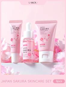 LAIKOU JAPAN 櫻花保養套組 (眼霜 & 精華面霜 & 精華液) 舒緩保濕抗老護膚禮盒 自我照護 SPA 面部護理套組 - 粉色 - 查看 2