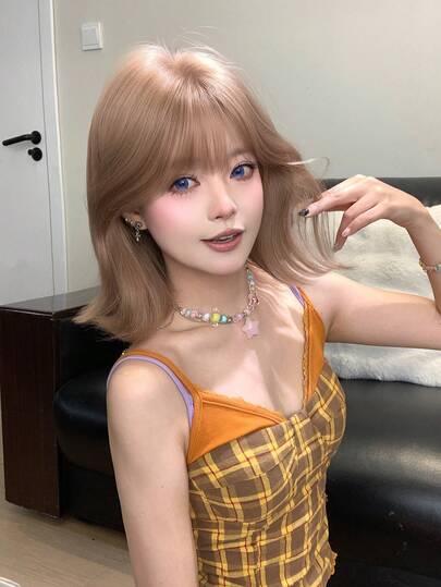 alicegarden 1 Synthetic Heat-Resistant Wig, Brown Short Hair Wig With Bangs, 12 Feet Long, Made Of Fiber, Suitable For Daily Use, Natural Simulation Wig