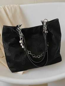 女士花卉布艺托特包，大容量通勤包，时尚百搭必备 - 黑色 - 查看 7