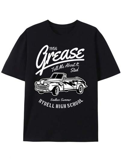 Camiseta Retro Vintage para Hombre de 1956 - Camiseta Gráfica de Coche Clásico Inspirada en Grease - Camiseta Suave para el Día a Día con Diseño de Escuela Secundaria Rydell - Lavable a Máquina Ropa Americana de Mediados de Siglo para Fiestas Temáticas de los '50, Camiseta Vintage, Atuendo de Fiesta, Ropa Temática de Grease, Ajuste Cómodo, Moda Nostálgica, Material Transpirable, Usadores Casuales