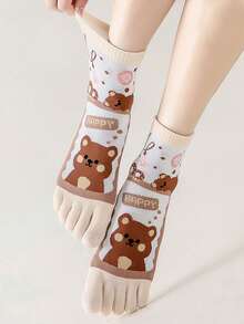 1/3/5 双女式卡通图案分趾袜，时尚中筒袜，百搭可爱长袜，适合春、秋、冬 - 彩色 - 查看 5