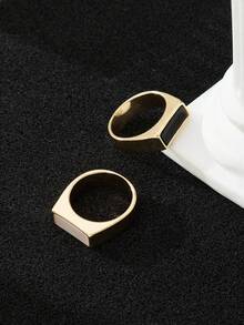 2pcs Minimalist Geometric Square Black & White Metal Rings Set, Suitable For Daily Commute, Dating, Vacation Wear