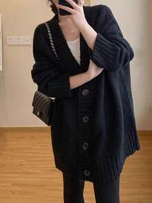 Chaqueta de punto de las mujeres chaqueta de tweed mujer otoño e invierno suelto perezoso viento delgado cardigan jumper versátil suéter de punto tops - Negro - Ver 2