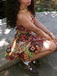 Vintage  American Neck-Wrapped Chest Skirt Design Sense Spice Girl Low-Rise Ruffle Edge Skirt Dress - 棕色 - 查看 5