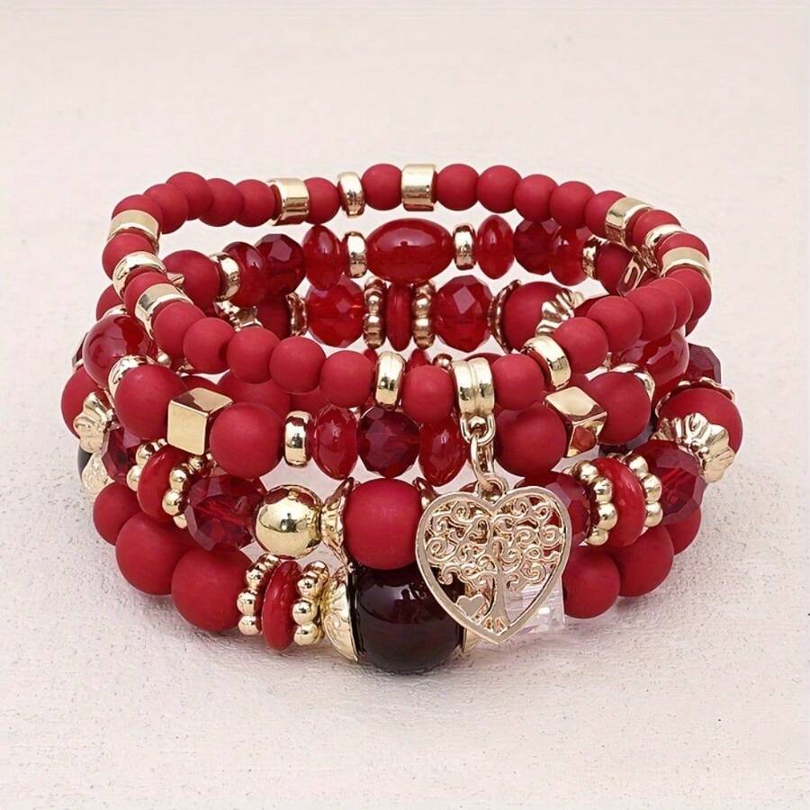Multi-Layer Boho Heart Charm Acrylic Women Bead Bracelet 4Pcs/Set Synthetic December Birthstone Bohemian Style Colorful Handcrafted Beaded Stackable For Daily, Mardi Gras, Party Wear, Gifts - Đỏ - Xem 1