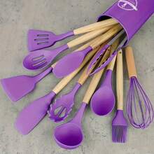 12 Piece /Set Of High-End Non Stick Silicone Kitchen Utensils With Ergonomic Wooden Handle - Heat-Resistant And Easy To Clean, Suitable For Cooking And Baking, And Durable - Ideal Choice For School And Home Cooking Enthusiasts