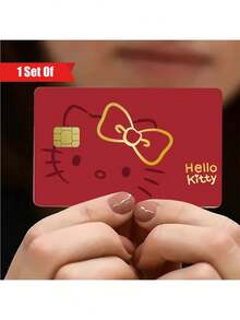 1/4 pièces Autocollants de carte de crédit avec nœud rouge, Autocollants Hello chat adhésifs, Autocollants de passe de bus Hello chat minimalistes et mignons, Autocollants de carte de débit