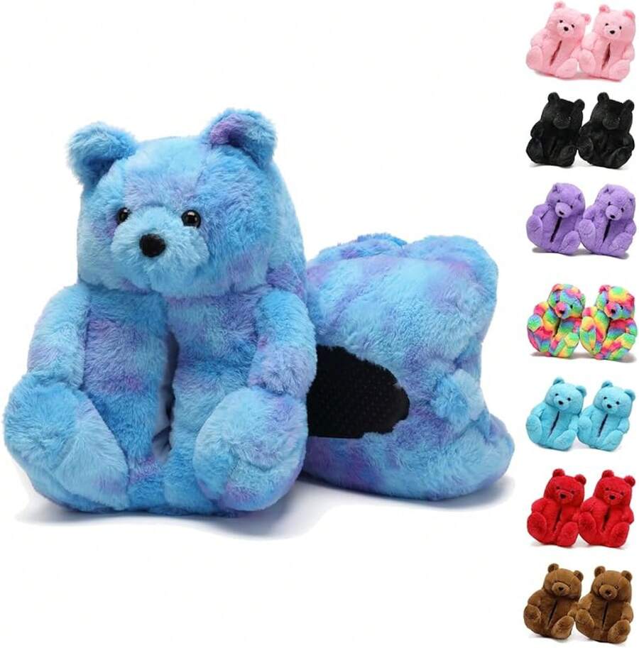 Bashful Teddy Bear Plush Slippers For Women,Pig Slippers,Cozy Plush Animal Slipper With Face-Pawing Shy Design,Non-Slip Fuzzy Winter Indoor House Shoes, Birthday Christmas Gift Ideas (US Sizes 9-12)Christmas - A02-藍色紮染 - 查看 1