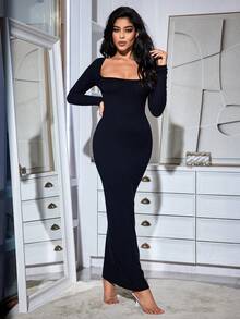 Vestido ajustado de cuello cuadrado tejido de canalé - Negro - Ver 1