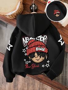 Cartoon Pattern Warm Hoodie For Young Boy - Black - View 1