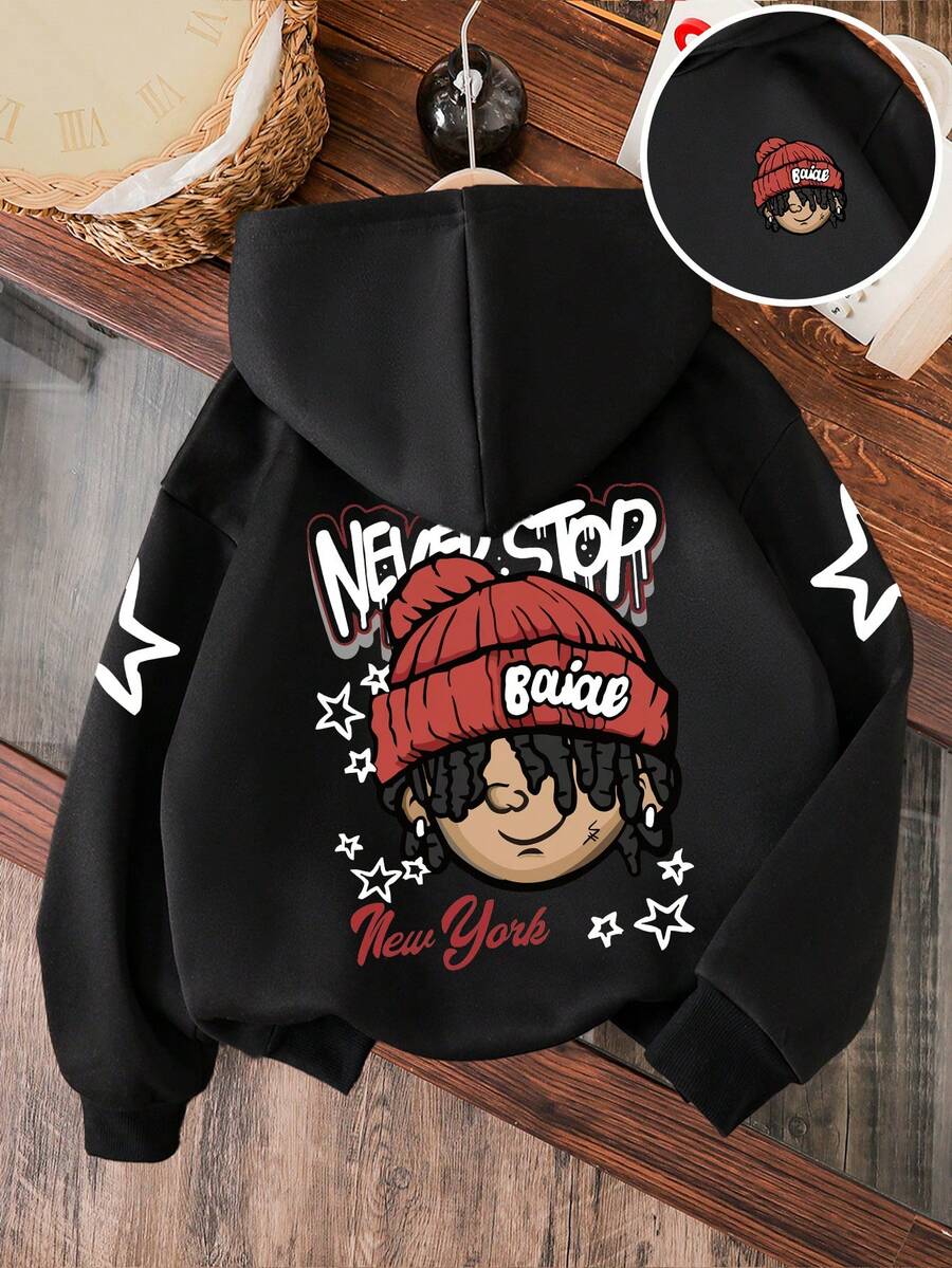 Cartoon Pattern Warm Hoodie For Young Boy - Black - View 1