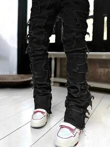 Stacked Jeans Mens Ripped Jeans Distressed Patchwork Straight Leg Y2k Skinny Denim Pants Hip Hop Slim Fit Trousers - màu đen - Xem 5