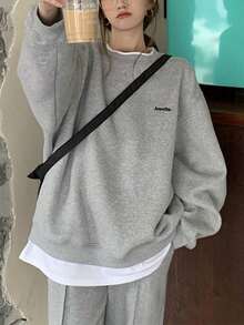 Sudadera de mujer con estampado de letras Suelta Casual Cómoda Manga Larga Estudiante Delgado Top - Gris - Ver 5