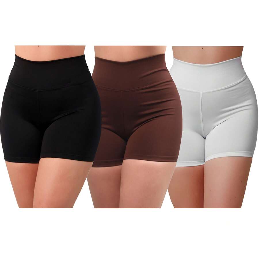 Kit 3 Premium Fitness Shorts High-Rise Women's Gym Bermuda Shorts - 黑色,白色,棕色 - 查看 1