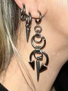 2 Pcs Gothic Stainless Steel Earrings - Double Pointed Cone With Stitching Rivet Details - Silver - View 1