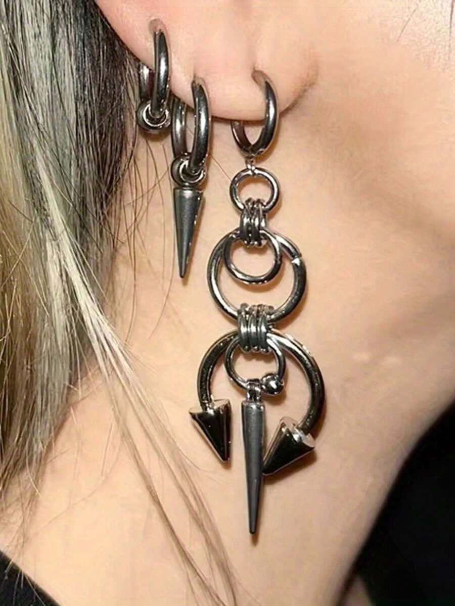 2 Pcs Gothic Stainless Steel Earrings - Double Pointed Cone With Stitching Rivet Details - Silver - View 1