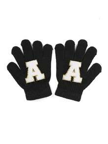 1 双儿童针织手套，带 26 个英文字母，男女通用保暖滑雪手套，Y2K 风格户外冬季手套，适合日常穿着和服装 - 黑色 - 查看 2