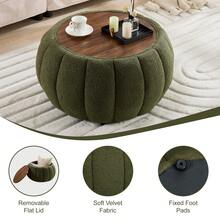 YDCOSYFY 30 Inches Large Round  Ottoman With Storage,Pumpkin Shape Upholstered Ottoman Coffee Table, With Removable Wooden Top, Soft Teddy Fabric Surface, For Living Room, Bedroom - 綠色 - 查看 4