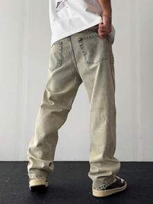 Men's Washed Light Blue Straight Leg Jeans, Men's Loose Fit Jeans, Retro Y2K Style, Simple And Versatile - Pale Yellow - View 2