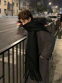 1 Solid Color Tassel Warm Thick Scarf, Multifunctional Neck Warmer For Winter,Holiday,Travel - Black - View 3