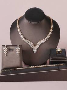 5pcs Luxury Rhinestone Geometric Necklace, Earrings, Bracelet, Ring Jewelry Set, Elegant & Fashionable For Wedding, Party, Daily Commute - Gold - View 3