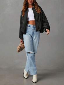 Fisoew Women's Oversized Zip Up Bomber Jacket – Petite-Friendly & Curvy Fit Winter Warm Streetwear Coat With Pockets, Figure-Flattering Casual Outerwear For Daily Wear, Travel, School & Night Out, Y2K Style Jacket, Christmas Gift & New Year Gift - 黑色 - 查看 5