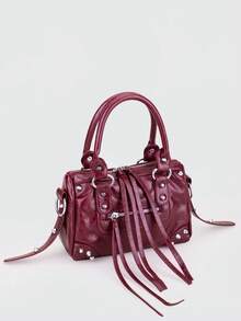 1个红色拼接铆钉金属流苏拉链装饰复古PU材质肩带铆钉双提手可调节长肩带拉链封口复古甜美朋克Y2K风格方形手提包，休闲低调奢华风格女士斜挎包，可装手机、卡包，适合日常、旅行、购物 - 紅色 - 查看 6