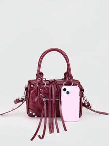 1个红色拼接铆钉金属流苏拉链装饰复古PU材质肩带铆钉双提手可调节长肩带拉链封口复古甜美朋克Y2K风格方形手提包，休闲低调奢华风格女士斜挎包，可装手机、卡包，适合日常、旅行、购物 - 紅色 - 查看 3