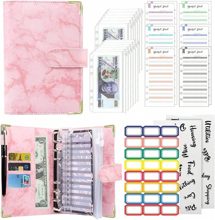 Organizador de Dinero A6, Organigastos Tipo Cartera Cuero con 12 Sobres Transparentes con Cierre, 12 Hojas de Planificador de Presupuesto de Finanzas, Libreta de Ahorro y Gastos con 3 Pegatinas, Rosa - Rosa - Ver 1