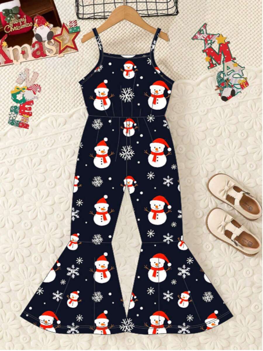 1pc Girls Sleeveless Ruffle Hem Christmas Snowman Pattern Jumpsuit, Summer - Black - View 1