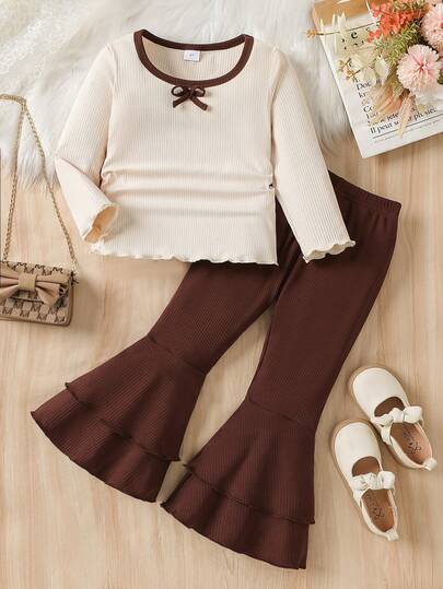 2 Stücke/Set Mädchen Rippstoff Rundhals Sweatshirt mit Schleifen Dekor & weite ausgestellte Hose Set, Lässig Outfit für Frühling/Herbst