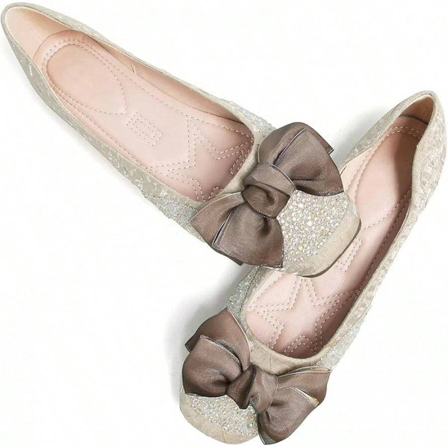 SAILING LU Square Toe Flats Shoes Rhinestoned Bowknots Ballet Flats For Women Studded Dress Shoes Comfort Light Weight LoafersChristmas - A-杏 - 查看 1