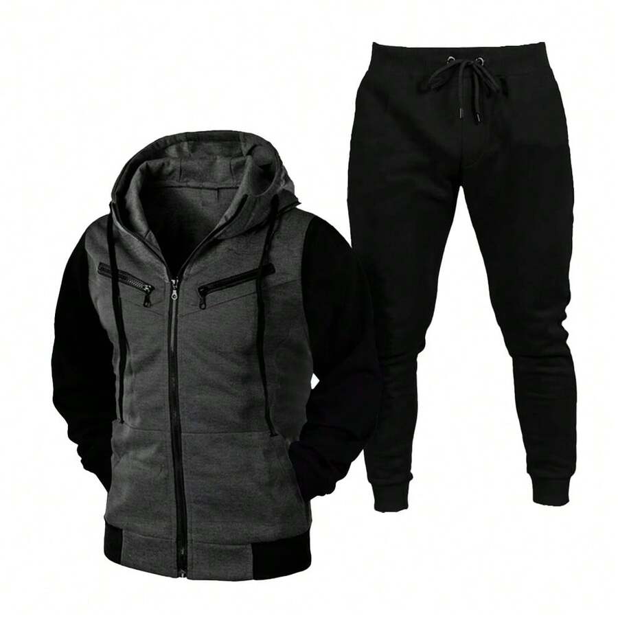 Sweatshirt And Pants Set With Pocket Unisex Tracksuit Kit - Màu xám đen - Xem 1