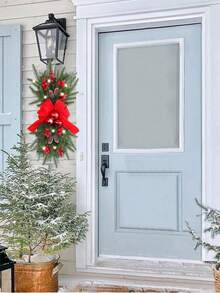 1pc, 17.71inch Christmas Wreath Hanging Decoration Staircase Red Rattan Bow Wreath Pine Cones Decoration Home Decoration Props Festive Atmosphere Venue Layout Props - Multicolor - View 8