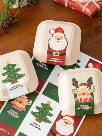 6 delar per set, engångs-bentolåda med jultema, handmålad hamburgarask med massa, engångsskål med sockerrörsrester, tillverkad av sockerrörsfiber, levereras med exklusiva julklistermärken, med utsökta mönster av jultomten, julgran, renar etc., lämplig för picknick, camping, grillfester, fester, festtillbehör, restaurangtillbehör