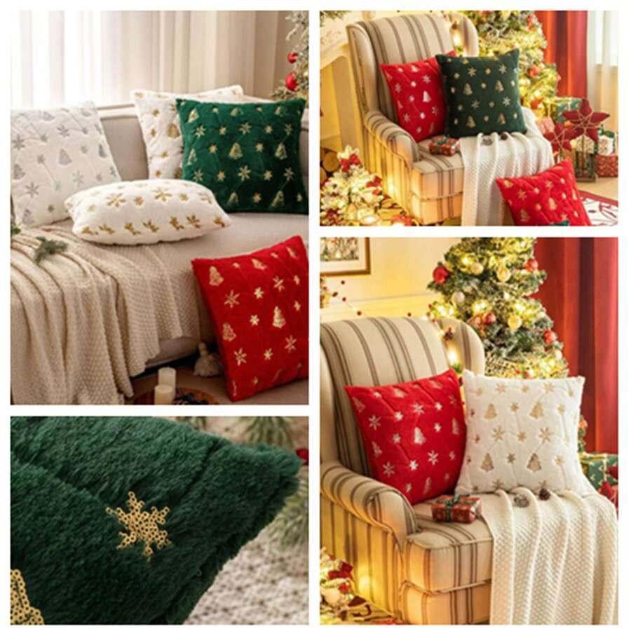 Merry Christmas  Christmas Tree Glitter Snowflake Pillow Covers Set Of 2 –20x20 Soft Faux Fuzzy Embroidered Pillow Cases Farmhouse Festive Christmas Holiday Dr Throw Cushions For Home Winter Dration - Green - View 1