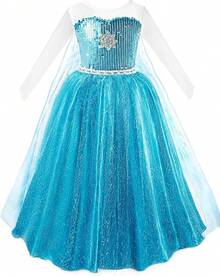 Light Up Princess Dress Girls Halloween Costume Costume Toddler Dressing Up Bithday Party, Purple - 藍色-帶斗篷 - 查看 3