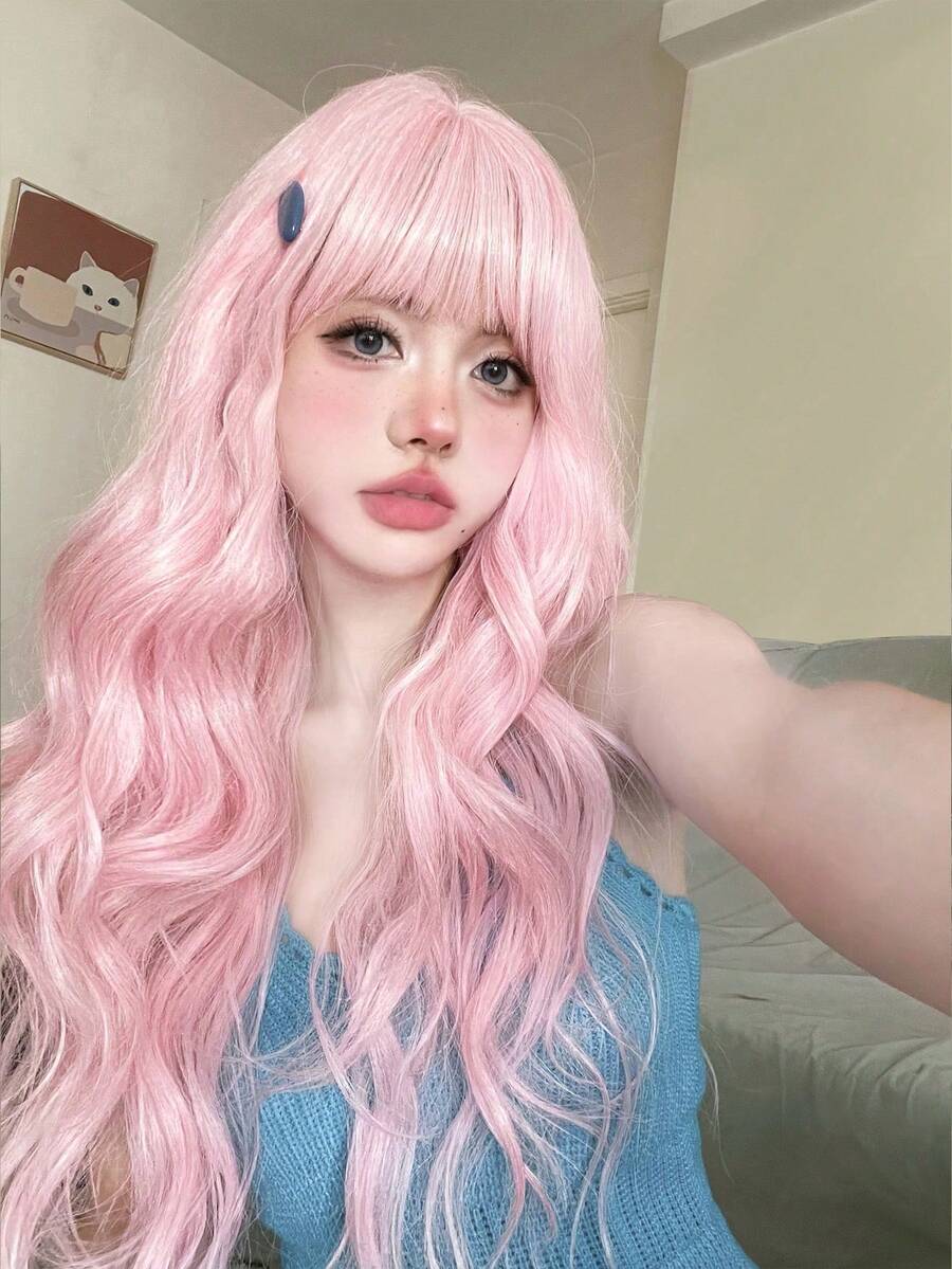 alicegarden 28 Inch Long Synthetic Wavy Natural Style Pink Wig. Designed With Bangs, This Wig Is Perfect For Daily Wear, Providing A Natural And Realistic Appearance, Mimicking Women's Gift. (Accessories Not Included), Halloween - Pink - View 1