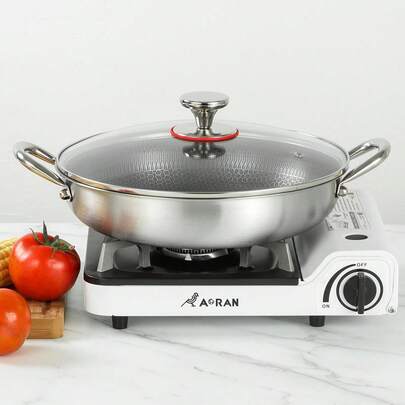 Wok de acero inoxidable de alta calidad, sartén antiadherente con tapa de vidrio, sartén de fondo plano, acero inoxidable de 3 capas, acero inoxidable 304