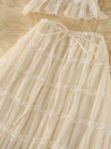 Women's Solid Color Sexy Backless Halter Neck Ruffle Lace Trim Seethrough Camisole & Maxi Skirt Set