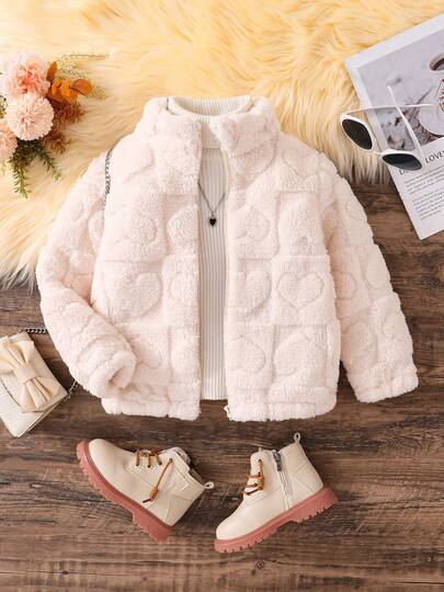 Young Girl' Cute Bear Jacquard Pattern Stand Collar Zip-Up Long Sleeve Jacket