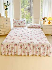 3件套（1件床裙，2件枕套）白色纯色床裙，粉色玫瑰，鲜花，花卉印花图案，荷叶边床裙，全覆盖防尘罩，裙边床裙套三件套褶皱床裙，含2个枕套床上用品套装 - 粉紅櫻晨露 - 查看 9