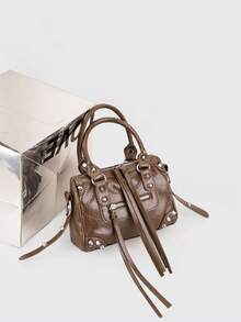 1个复古风格PU皮革手提包，铆钉、金属流苏拉链装饰，可调节肩带，适合日常、旅行、购物。 - 咖啡 - 查看 7