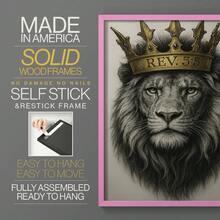 1pc Restickable Framed Lion Of Judah Art Print, Wood Frame, Biblical Inspired Regal Animal Wall Decor With Gold Crown & Scripture Accent, Spiritual Artwork For Living Room, Office, Or Prayer Room, Made In USA, Ready To Hang Art Prints - 粉色 - 查看 6