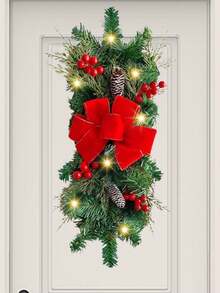 1pc, 17.71inch Christmas Wreath Hanging Decoration Staircase Red Rattan Bow Wreath Pine Cones Decoration Home Decoration Props Festive Atmosphere Venue Layout Props - Multicolor - View 2