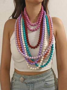 1pc Bohemian Style Plastic Bead Geometric Smooth Beaded Long Necklace, Handmade For Women, Can Be Worn Double Layer, Suitable For Summer Beach, Holidays, Daily Party Accessories