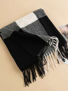 1 件男女通用黑、白、灰方形格子围巾，仿羊绒温暖时尚配饰围巾，适合秋冬季外出、旅行、送礼、团购、通勤、户外使用