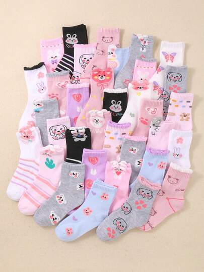 20 Pairs Girls' Socks, Assorted Colors And Cute Unique Patterns Including Hearts, Bows, Rabbits, Flowers, Soft And Breathable For Daily Wear, Holiday And Party Gifts, Random Color And Style Delivery